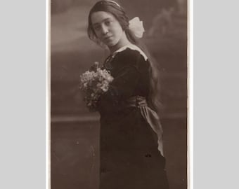 Antique Belgian rppc - Woman period fashion long hair - Vintage private real photo postcard ca1930