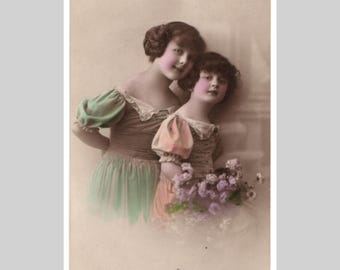 Vintage real photo postcard - Young girls children portrait - Antique hand tinted rppc 1914