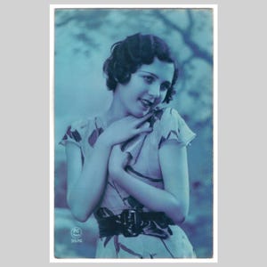 Vintage fashion real photo postcard - Woman lady girl glamour blue tinted - Antique art deco French rppc greeting card 1933