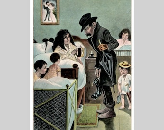 Antique postcard - Man sneaks into bedroom woman children - Victorian unused litho greeting card ca1900
