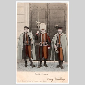 Vintage ansichtkaart Vaticaanstad - Victoriaanse Zwitserse Garde ongebruikt - Antieke Italiaanse handgekleurde wenskaart ca 1900