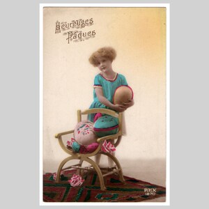 Antique RPPC - Young girl child easter eggs art deco fashion unused - Vintage French hand tinted real photo postcard greeting card ca 1925