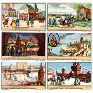 1959 - História de Moscou, Rússia - Conjunto completo de 6 cartões comerciais Liebig belgas vintage