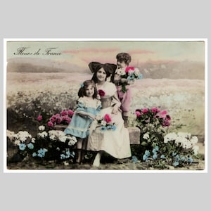 Vintage real photo postcard - Woman lady girl boy mother children mothers day flowers - Antique French rppc greeting card ca 1910