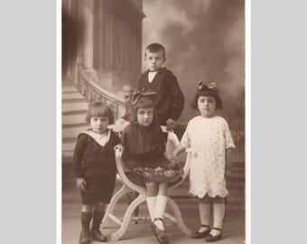 Vintage rppc - French children boy girl brother sister fashion - Antique private photo postcard ca1920
