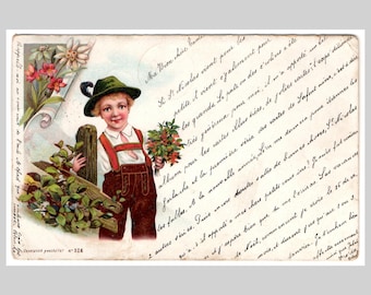 Antique victorian postcard - Swiss boy traditional folk clothes litho - Vintage greeting card 1900