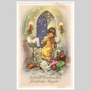 Vintage Weihnachtspostkarte - Kleines Engelchen Putte spielt Geige - Retro illustrierte Grußkarte 1962