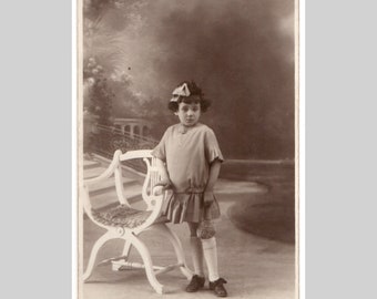 French rppc - Little girl children studio portrait sepia art deco dress fashion - Vintage private photo postcard ca 1925 (2)