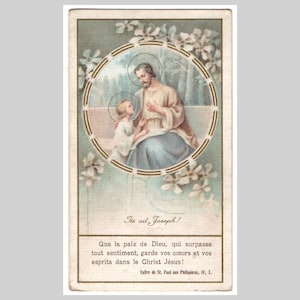 Ancienne carte religieuse catholique belge, carte de prière européenne lithographie vintage - Saint Joseph Jésus - calendrier 1914