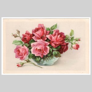 Vintage Rosen Postkarte - Rote rosa Rosen in einer Schale malen Blumen - Antike Blumen Grußkarte um 1930