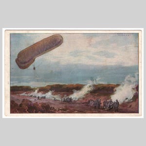 May include: Vintage postcard depicting a military scene with a brown airship in the sky. Cannons fire, creating white smoke, as soldiers stand nearby. The landscape features brown terrain and a cloudy sky.