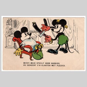 RARA cartolina d'epoca di Walt Disney - Topolino il barbiere - Biglietto d'auguri illustrato olandese retrò del 1931