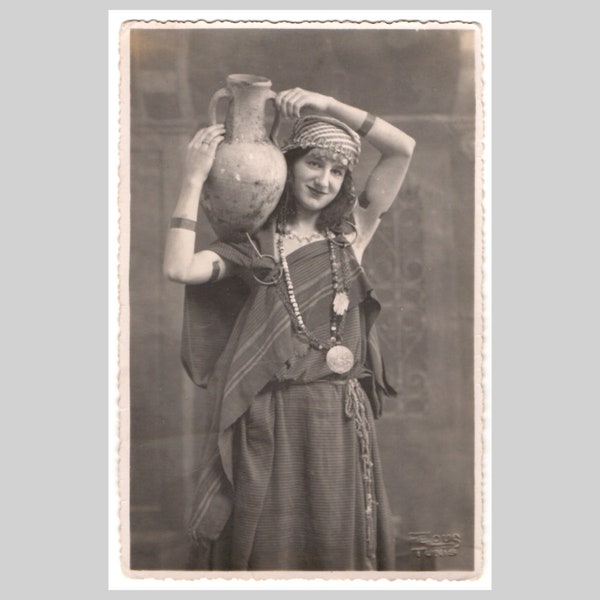 Tunisian rppc - Arab young woman lady fashion jewelry traditional dress water jug - Vintage private photo postcard ca 1925