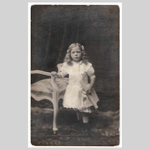 Antique rppc - Cute little girl studio portrait lace dress - Vintage Belgian black and white private photo postcard 1910