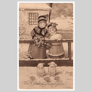 carte postale vintage du nouvel an - artiste filles porcelets porcs champignons signée Kranzle - ancienne carte de voeux illustrée de Noël autrichienne c1920