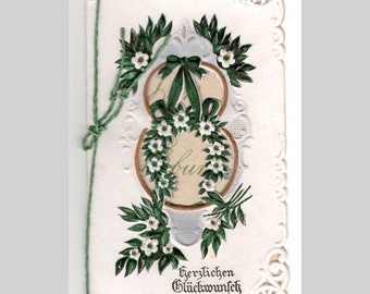 Die cut folded greeting card - White flowers blossoms embossed gilded engagment unused paper lace - Antique German ephemera ca 1920