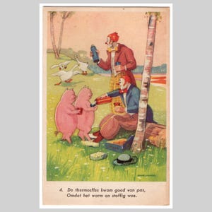 Cartão postal vintage de palhaços e porcos - Piquenique de animais antropomórficos engraçados e engraçados de gansos - Cartão de felicitações antigo não utilizado, ca. 1940