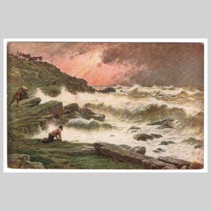 Antica cartolina con paesaggio marino - Dipinto di oceano in tempesta, firmato dall'artista Maroniez - Antica cartolina d'auguri illustrata in litografia, circa 1915