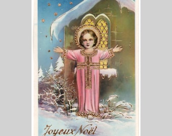 Vintage religious postcard - Baby Jesus gilded - Antique illustrated art greeting card ca 1930