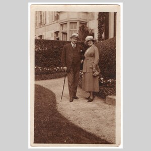 Antique French rppc - Couple portrait lovely period fashion - Vintage sepia private photo postcard 1919