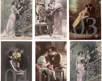 SALE - Vintage 1910&#39;s couples real photo postcard - Art nouveau romantic glamour fashion - Pick and choose - Hand tinted RPPC Lot 1