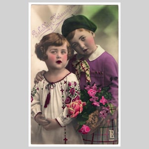 Vintage real photo postcard - Little girls period fashion art deco portrait hand tinted - Antique French rppc greeting card ca 1930
