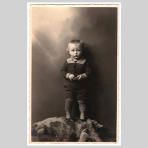 Antique rppc - Small boy studio portrait - Vintage Belgian private real photo postcard ca 1920