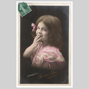 Antique little girl real photo postcard - Angelic small child portrait hand colored - Vintage French rppc greeting card 1910