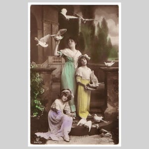 Vintage Echtfoto Postkarte - Grete & Hanni Reinwald kleine Mädchen Dame Tauben Tauben - Antike ppc Grußkarte 1912
