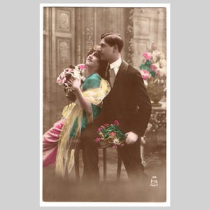 Vintage romantische echte fotokaart - Portret van stel met de hand getint, ongebruikt - Antieke Franse rppc-wenskaart ca 1915 (2)