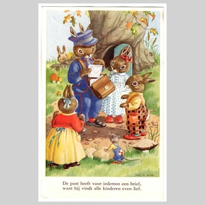 carte postale vintage Jean Howe - Facteur de la famille des écureuils anthropomorphes pour la Saint-Valentin - Ancienne carte de voeux illustrée vers 1955