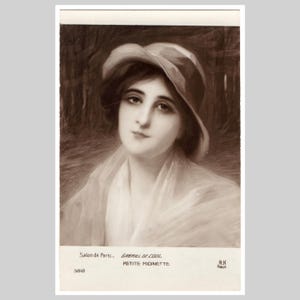 Cartolina d'arte francese d'epoca - Ritratto di ragazza con cappello dipinto da Gabriel de Cool - Biglietto d'auguri antico color seppia, ca. 1915, Salon de Paris