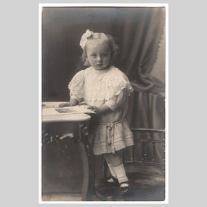 Antique rppc - Cute little girl studio portrait lace dress - Vintage Belgian black and white private photo postcard ca 1915