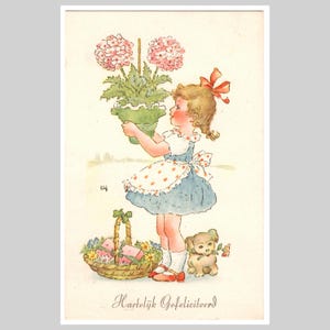 Vintage birthday postcard - Young girl with flowers dog lithograph - Retro mid century illustrated litho greeting card 1950