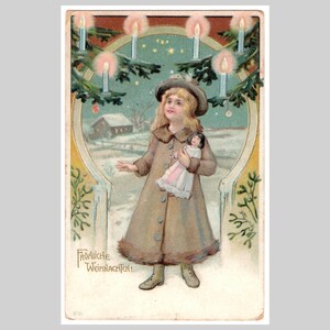 Vintage Christmas postcard - Cute girl in the snow doll candles winter scene coat fashion - Antique unused illustrated greeting card ca 1900