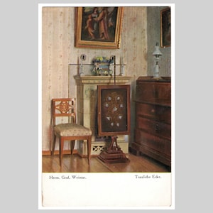 Vintage still life postcard - Home interior artwork furniture chair painting a/s Graf - Antique old German greeting card lithograph ca 1910