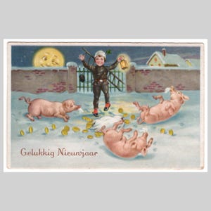 Antike Schweine Postkarte - Schornsteinfeger Anthropomorphe Mond-Schnee Münzen - Antike illustrierte Grußkarte 1940