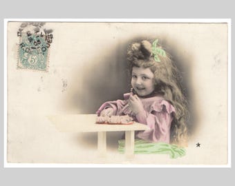 Vintage real photo postcard - Young girl long hair portrait - Antique hand tinted rppc 1905