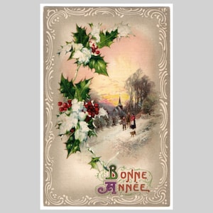 Cartão postal de Natal antigo - Paisagem de inverno com azevinho e ano novo - Cartão de felicitações ilustrado em litografia antigo de 1912