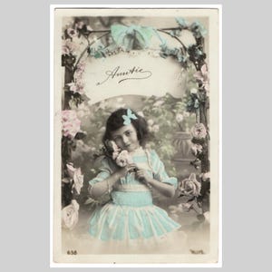 Vintage French real photo postcard - Angelic little girl child portrait roses - Antique edwardian hand tinted rppc greeting card ca 1910