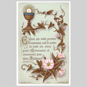 Antieke Franse Victoriaanse religieuze katholieke heilige kaart gebedskaart eerste communie - Bloemen kelk art nouveau - 1889