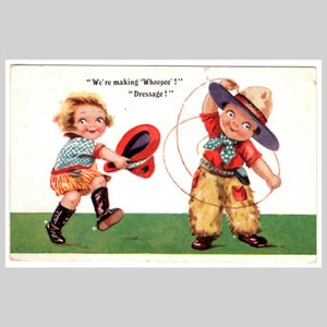 Cartolina d'epoca - Bambini che giocano, ragazzo, ragazza, cowboy, cowgirl - Antica cartolina d'auguri illustrata, circa 1920