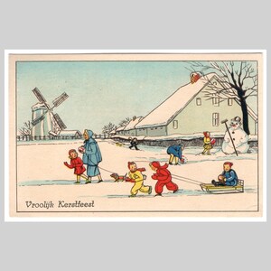 Cartolina di Natale d'epoca - Bambini che giocano nel paesaggio invernale innevato - Biglietto d'auguri illustrato olandese antico del 1948