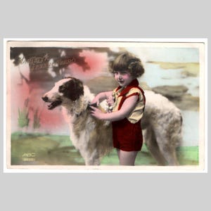 Vintage borzoi real photo postcard - Little girl with dog art deco hand tinted - Antique French rppc greeting card ca 1930