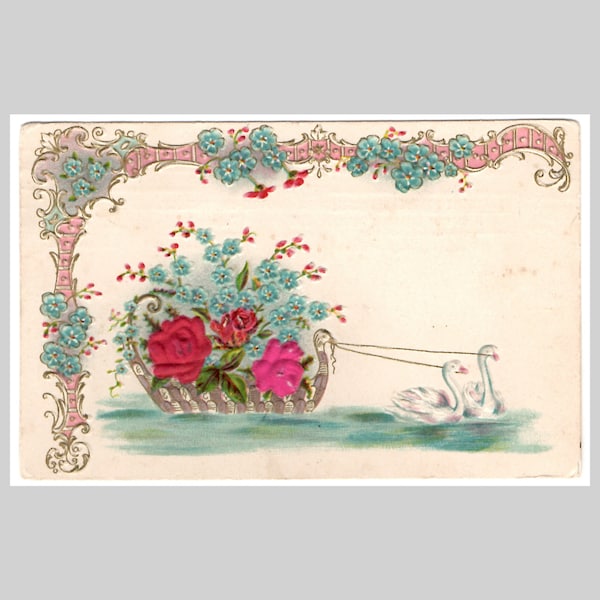 carte postale vintage roses fantaisie - fleurs en soie appliquées en tissu rouge en relief floral myosotis cygnes - carte de voeux ancienne 1908