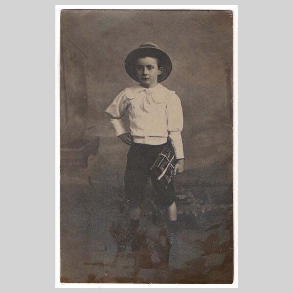 Antique French rppc - Child small boy portrait beautiful fashion costume hat cap - Vintage private photo postcard ca 1915