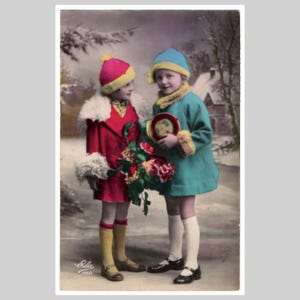 Vintage real photo postcard - Little girls children winter fashion art deco new year Christmas - Antique French rppc greeting card 1932