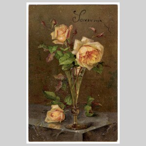 Cartolina antica con rose - Rose gialle in un vaso dipinto di fiori - Antica cartolina d'auguri illustrata edoardiana del 1910 circa