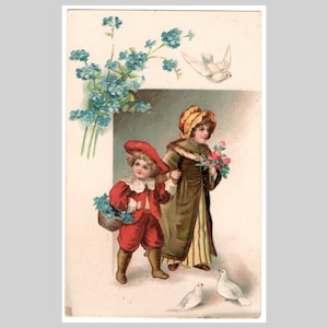 Antique embossed postcard - Children boy girl flowers lithograph fashion - Antique edwardian German illustrated greeting card 1907