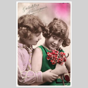 Vintage real photo postcard - Little girls period fashion art deco portrait hand tinted - Antique French rppc greeting card 1927
